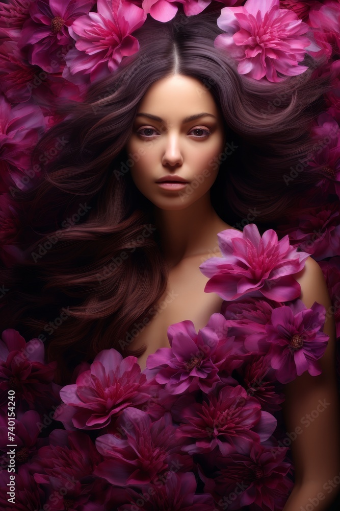 Poster capturing a woman surrounded by a variety of vibrant and fragrant flowers, creating a whimsical and 