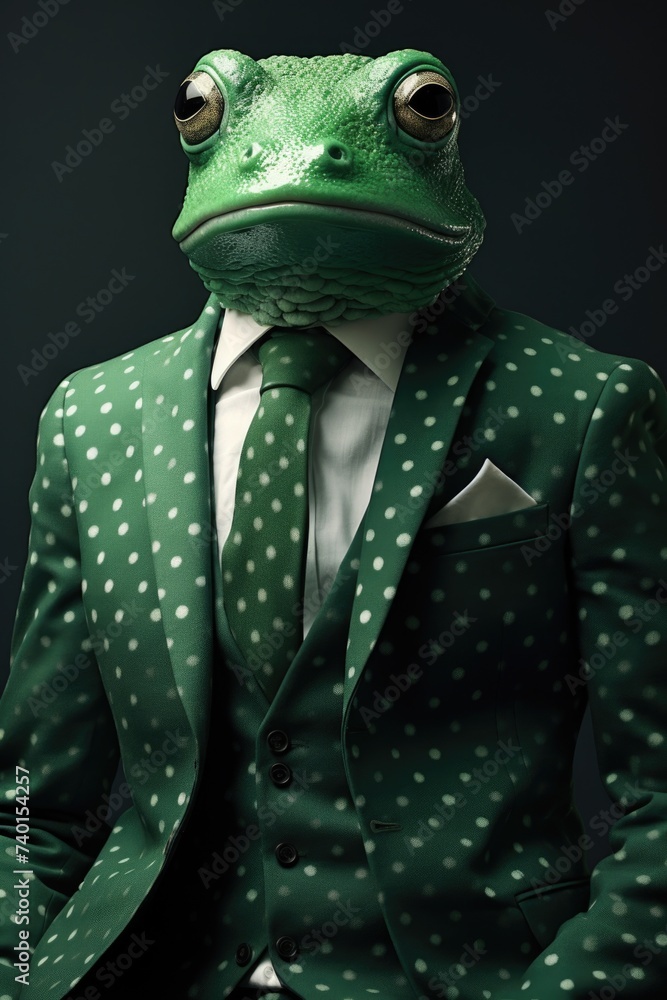 Poster a frog dressed in a suit and tie with polka dots. perfect for business or whimsical concepts
