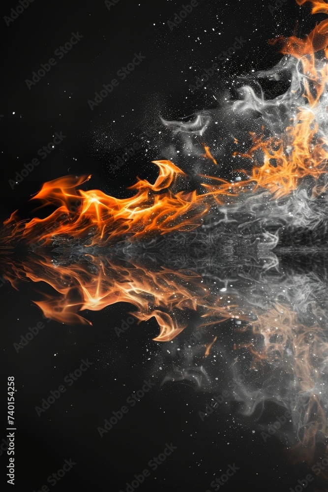 Fototapete black background with intense, vibrant orange and white flames. the flames flicker and dance, creati