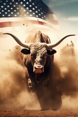 A large bull against the background of the American flag as a symbol of the state of Texas. Revolution or bullfight concept - obrazy, fototapety, plakaty