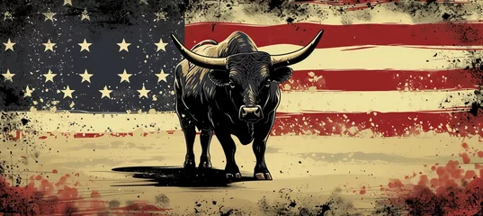 Foto auf Acrylglas A large bull against the background of the American flag as a symbol of the state of Texas. Revolution or bullfight concept, banner © Sunny