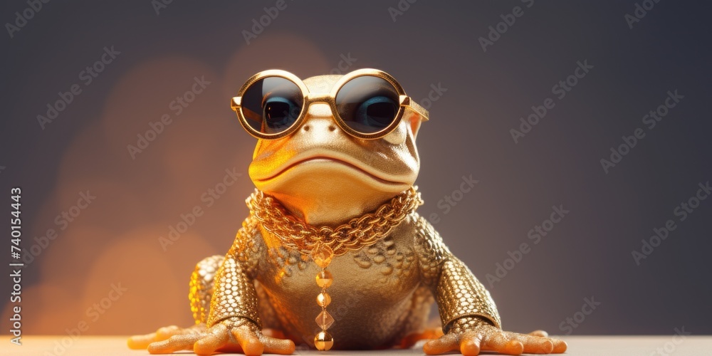 Poster a unique gold frog wearing sunglasses and a chain around its neck. perfect for adding a touch of hum