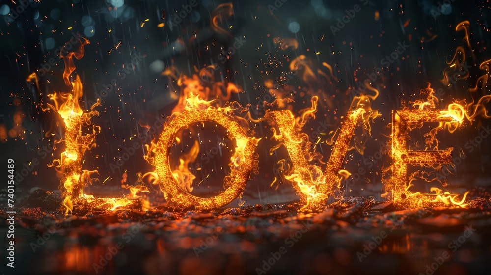 Aufkleber red word love created using flames. the fire forms each letter with intense heat and vibrant colors 