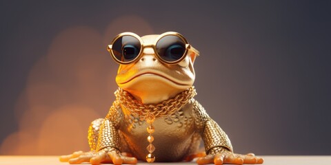 A unique gold frog wearing sunglasses and a chain around its neck. Perfect for adding a touch of humor and style to your design projects - obrazy, fototapety, plakaty