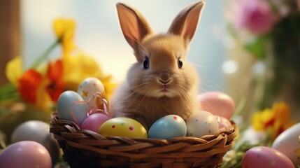 A cute rabbit sitting in a basket surrounded by colorful Easter eggs. Perfect for Easter holiday designs