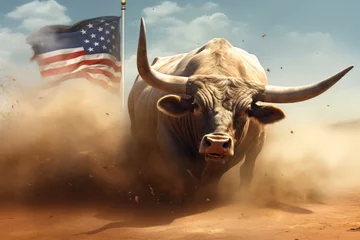 Poster Im Rahmen A large bull against the background of the American flag as a symbol of the state of Texas. Revolution or bullfight concept © Sunny