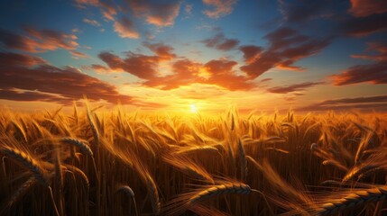 A wheat field. The ears of golden wheat are illuminated by the setting sun. Rural landscape under bright sunlight. The concept of a rich harvest.