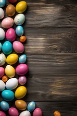 Vibrant Easter eggs displayed on rustic wooden surface. Ideal for holiday designs