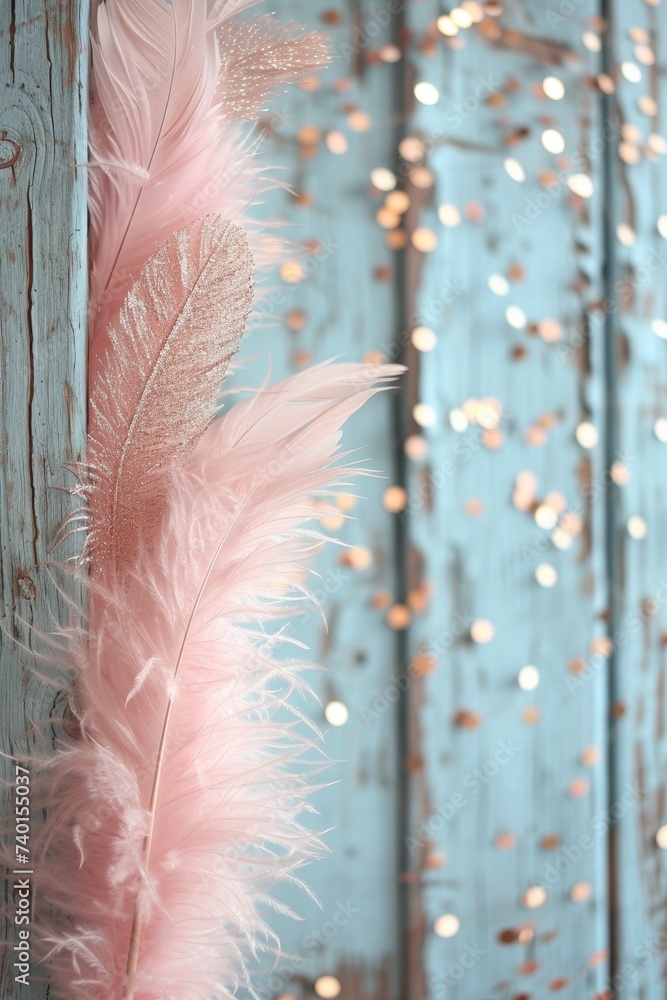 Poster a close-up photograph capturing the delicate details of a single pink feather against a vibrant blue