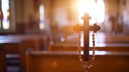 a cross with beads hanging from it in a church