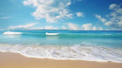 Fototapeta premium Bright sunny yellow sand beach travel background. Beautiful turquoise sea.