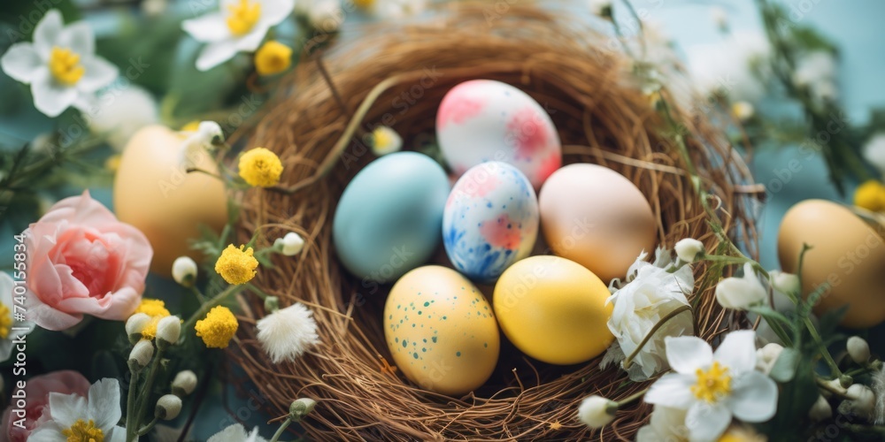 Poster A nest filled with eggs and flowers, suitable for spring or Easter themes
