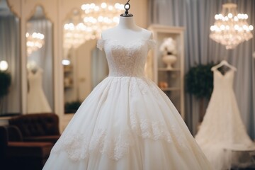 Fototapeta na wymiar Beautiful wedding dress on mannequin in beauty salon