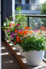 Fototapeta premium Vibrant Flowers in White Pots on Apartment Balcony