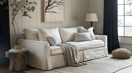 A transitional guest room with a linen sleeper sofa in neutral beige, providing comfort and versatility for guests