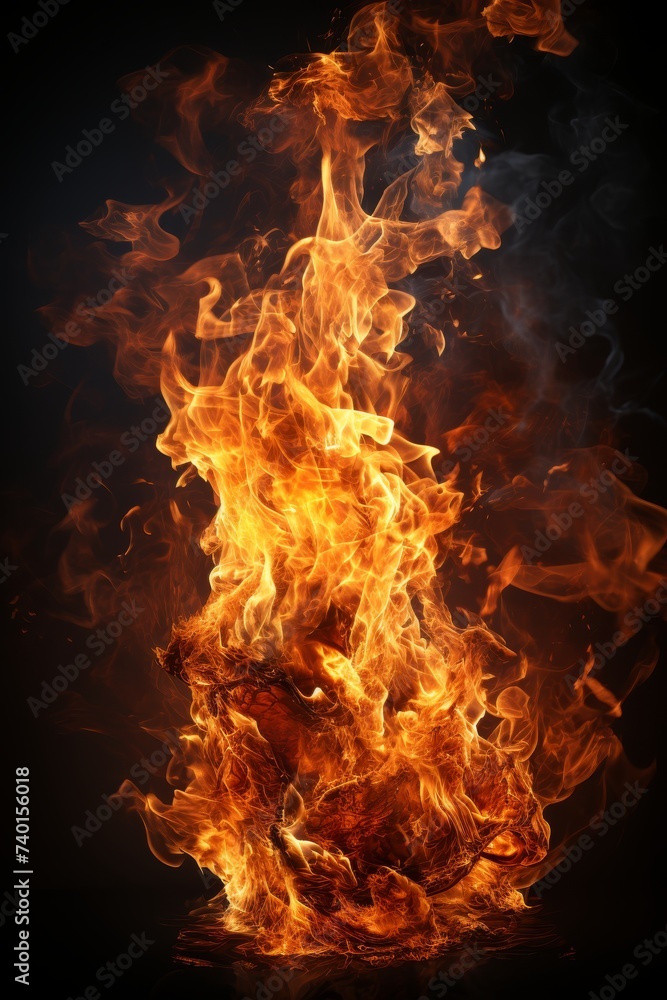 Poster fire showing intense orange and yellow flames burning brightly. the flames flicker and dance, creati