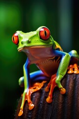A red-eyed frog perched on a tree branch. Great for nature and wildlife concepts