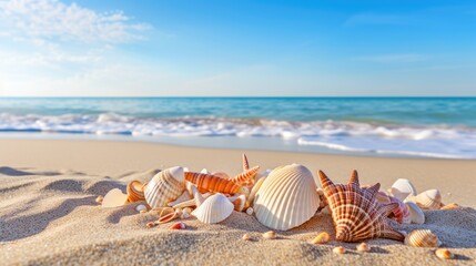Fototapeta na wymiar Tropical beach with various shells in sand, copyspace for text. Concept of summer relaxation