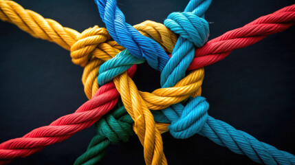 Colorful rope knot on black background. Close up. Selective focus .