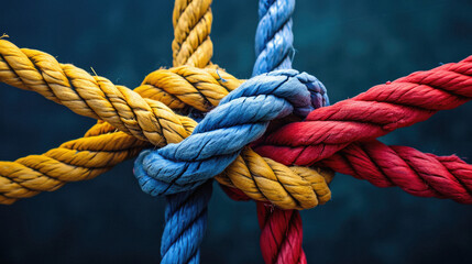 Close up of red and blue ropes on dark blue background with copy space
