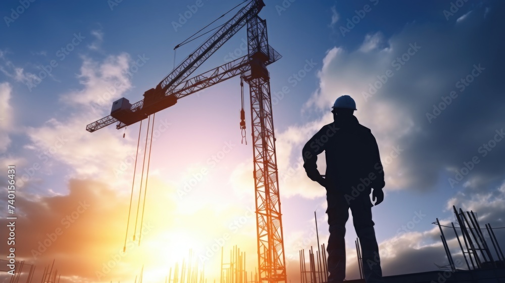 Poster a man standing in front of a construction crane. suitable for industrial concepts
