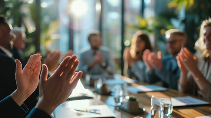 Group of business people clapping hands during a meeting or conference .