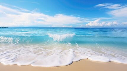 Bright sunny yellow sand beach travel background. Beautiful turquoise sea.