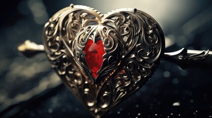 A beautiful silver heart shaped brooch with a red stone. Perfect for jewelry or fashion concepts - obrazy, fototapety, plakaty