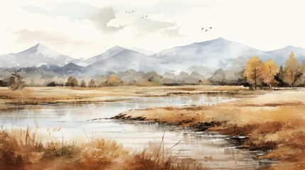 Serene watercolor depiction of a river winding through majestic mountains. Ideal for nature-themed designs