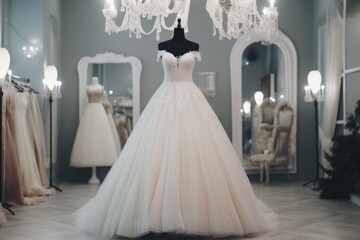 Fototapeta na wymiar Beautiful wedding dress on mannequin in beauty salon