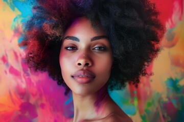 Portrait of a woman with a vibrant afro and curly hair Set against an abstract backdrop Celebrating diversity and individuality in fashion and beauty.