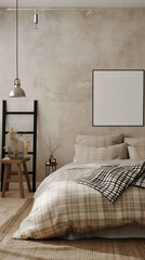Stylish bedroom interior with comfortable bed, lamp and mock up poster