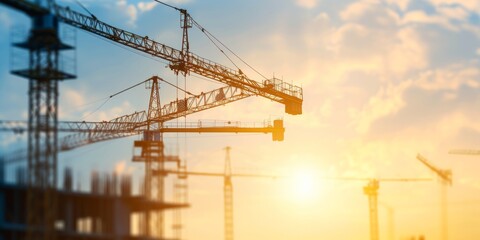 Tower construction crane in the sunset rays, construction and real estate concept, construction business	
