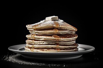 Delicious stack of pancakes on a white plate. Perfect for food blogs or breakfast menus