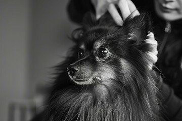 Professional pet groomer meticulously styling a fluffy dog Showcasing expertise and care in pet grooming.