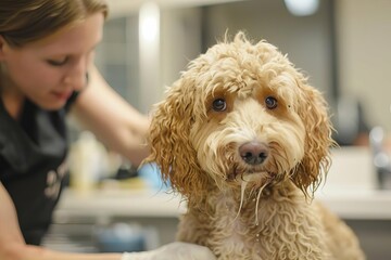 Professional pet groomer meticulously styling a fluffy dog Showcasing expertise and care in pet grooming.