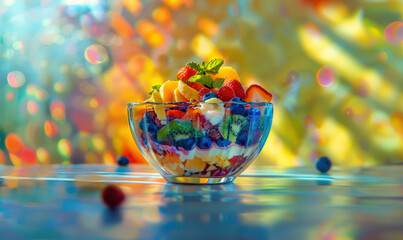 yogurt, cream with fruits in a glass bowl 