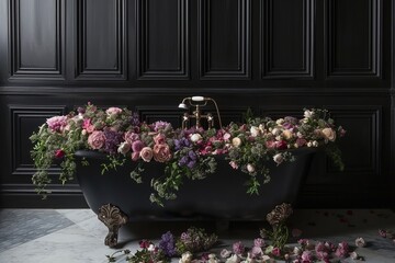 Fototapeta na wymiar Bathroom with black walls with a bathtub filled with different flowers creating romantic relaxing atmosphere in spa salon, body care and mental health routine concept, flower show