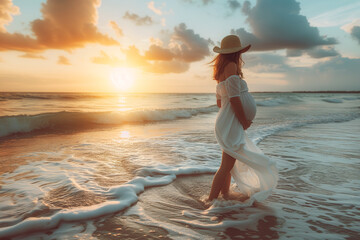 A pregnant woman in a white dress and hat is walking on the sandy beach near the sea. She appears relaxed and enjoying her vacation as she takes a leisurely stroll along the shore
