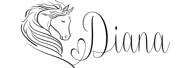 Diana. - black color - name written - vector graphics with stylized horse with heart - for websites, greetings, banners, cards,, t-shirt, sweatshirt, prints, cricut, silhouette,
 - obrazy, fototapety, plakaty