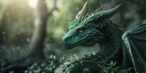 Close up fantastic creation green good dragon, chinese new year celebration and fantasy world concept, banner with copyspace