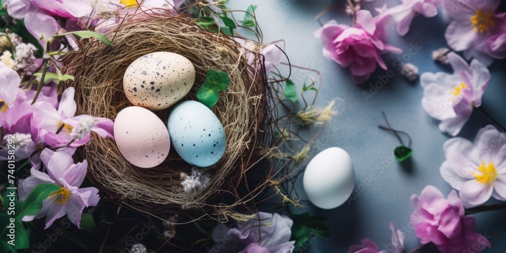 Poster three eggs in a nest surrounded by flowers. perfect for spring and easter themes