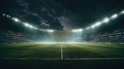 A soccer field with a stadium in the background, suitable for sports events - obrazy, fototapety, plakaty