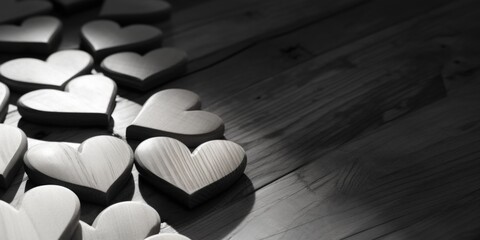 Wooden hearts arranged on wooden floor, ideal for Valentine's Day projects