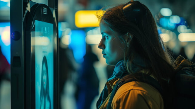 A facial identification process at an airport security checkpoint, focused on a traveler's face with a screen showing the scanning process. Biometric face scan identity security technology concept.