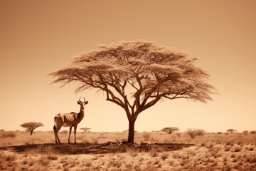 Antelope under tree in desert, suitable for nature themes