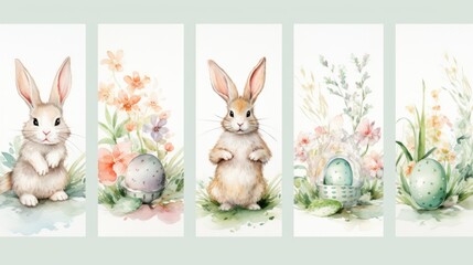 Three cute watercolor paintings of a bunny with an egg. Perfect for Easter decorations or children's book illustrations