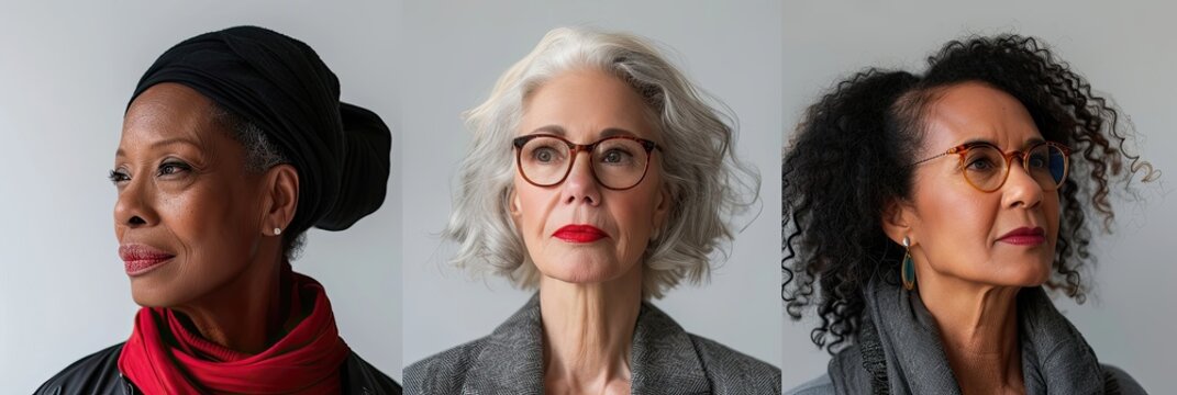 Three mature women with distinct hairstyles and glasses looking aside.