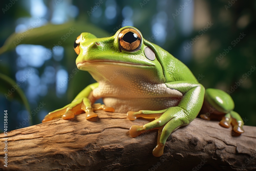 Poster a green frog perched on a tree branch. suitable for nature and wildlife themes