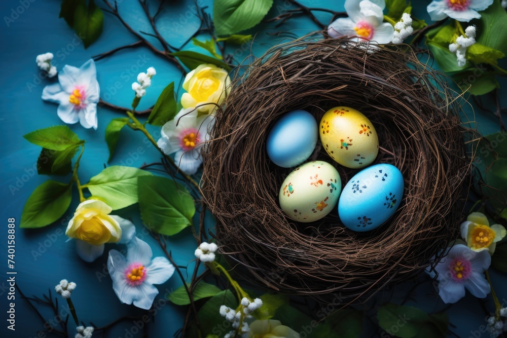 Poster a nest with four eggs and flowers on a blue surface. suitable for spring-themed designs